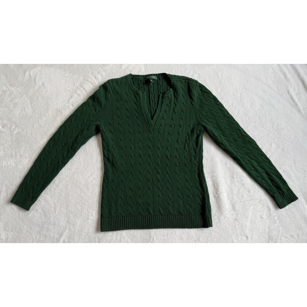 Ralph Lauren LRL Emerald Green Cotton Cable Knit Sweater Womens Size Large